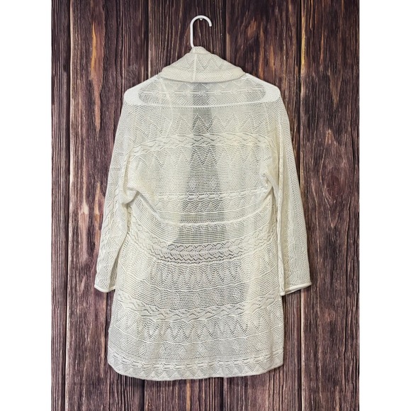 Lauren Ralph Lauren Cardigan Womens M Cream Open Knit Shawl Collar Cotton - Picture 2 of 12